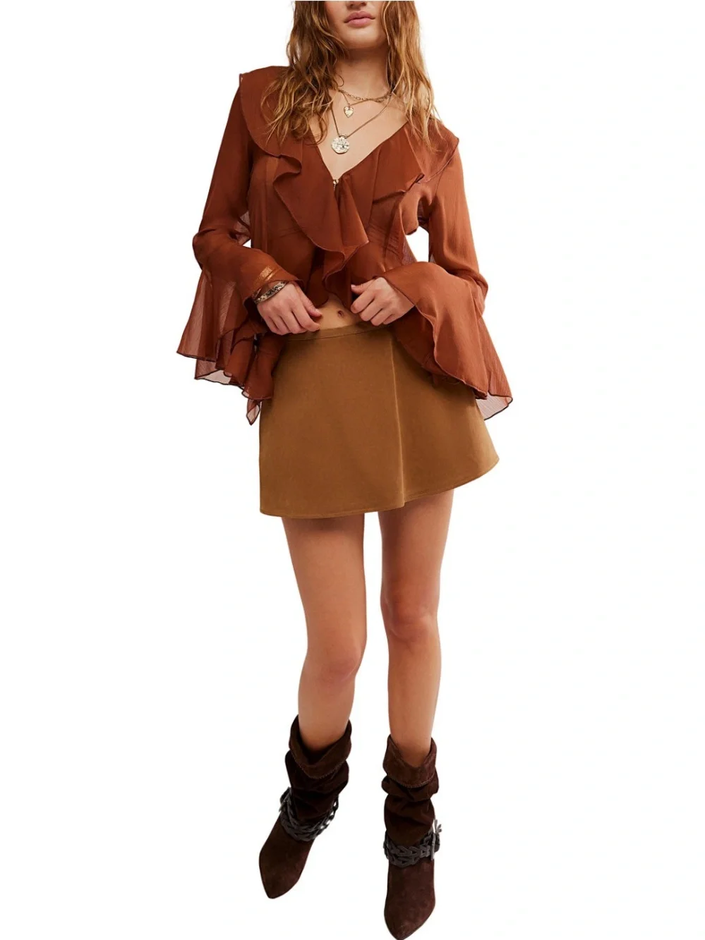 Free People Paradise Found Faux Suede Mini Skort in Camel NWT